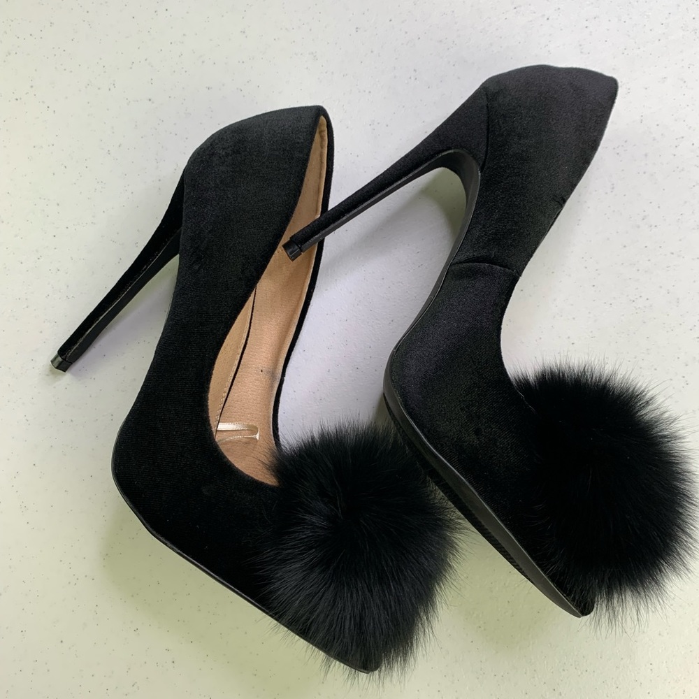 Jubilee size 10 black suede pompom heels